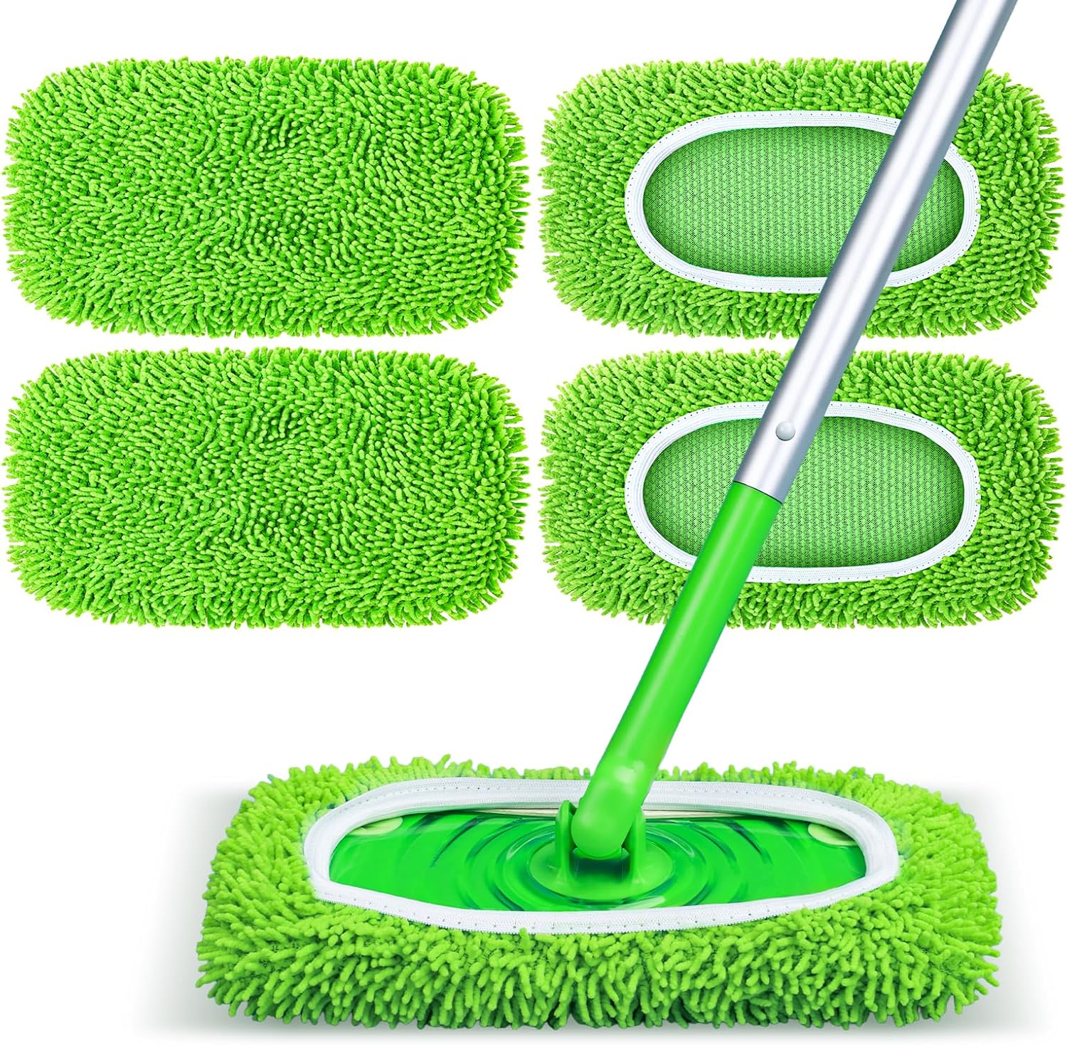 Reusable Mop Pads Fit Swiffer Sweeper, 4-Pack Microfiber Mop Replacement Pads, Washable Wet Mopping Cloths & Dry Sweeping Chenille Pads Refill for Floor Cleaning