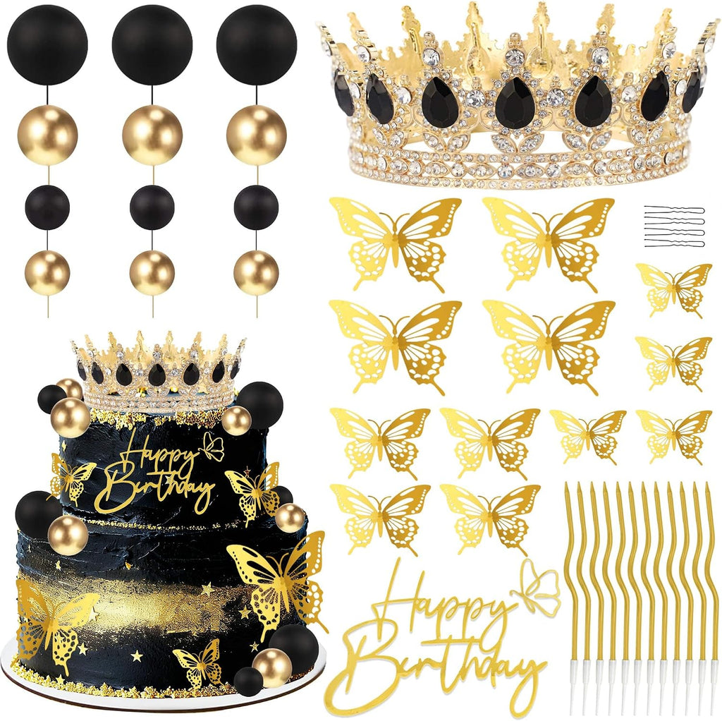ZOYVUX Birthday Crown Cake Topper, Cake Decorations with Happy Birthday Cake Topper, Balls, Gold Butterflies, Corona Para Pastel for Women, Princess, Wedding Party Decor (Gold & Black)