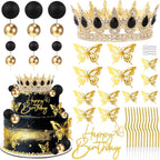 ZOYVUX Birthday Crown Cake Topper, Cake Decorations with Happy Birthday Cake Topper, Balls, Gold Butterflies, Corona Para Pastel for Women, Princess, Wedding Party Decor (Gold & Black)