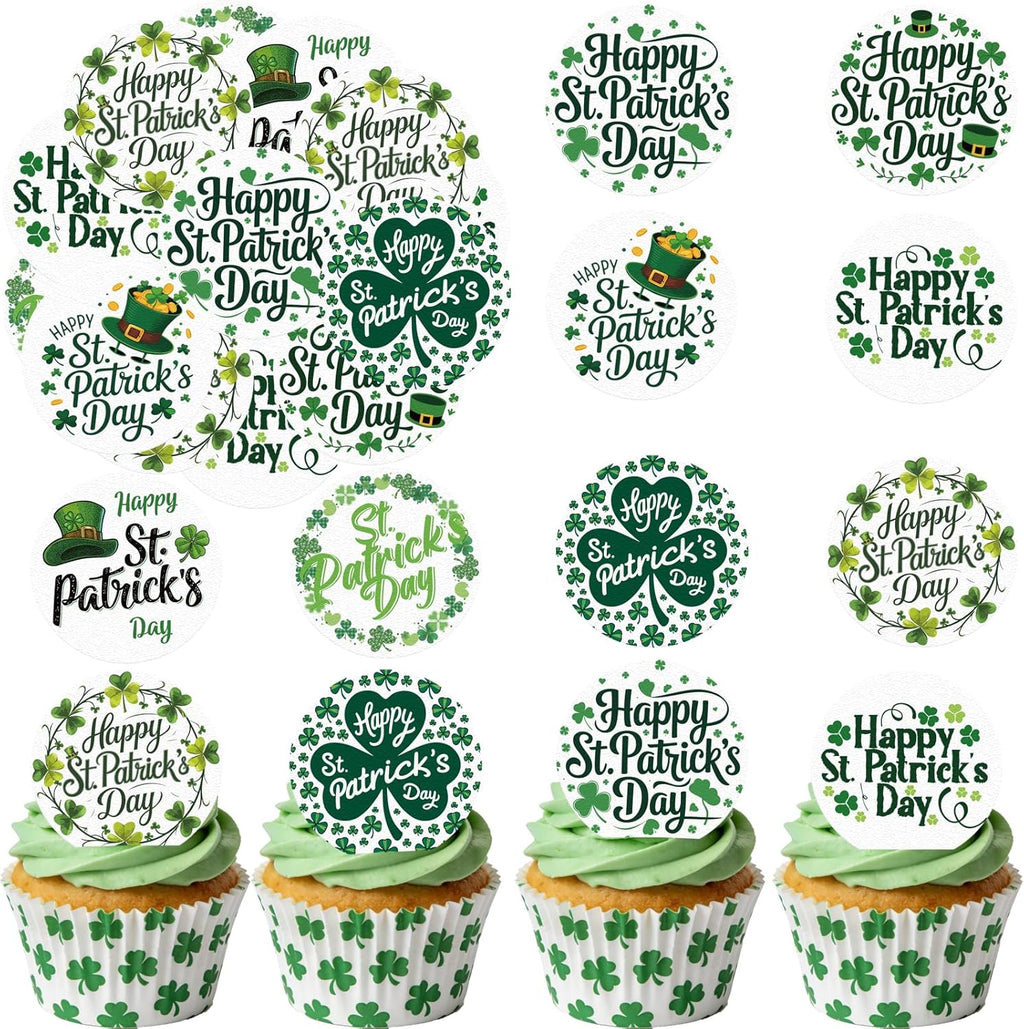 36PCS Edible Happy St Patrick’s Day Cupcake Toppers Wafer Paper Four Leaf Clover Cupcake Picks for Happy St Patrick’s Day Irish Theme Baby Shower Birthday Party Cake Supplies