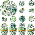 36PCS Edible Happy St Patrick’s Day Cupcake Toppers Wafer Paper Four Leaf Clover Cupcake Picks for Happy St Patrick’s Day Irish Theme Baby Shower Birthday Party Cake Supplies