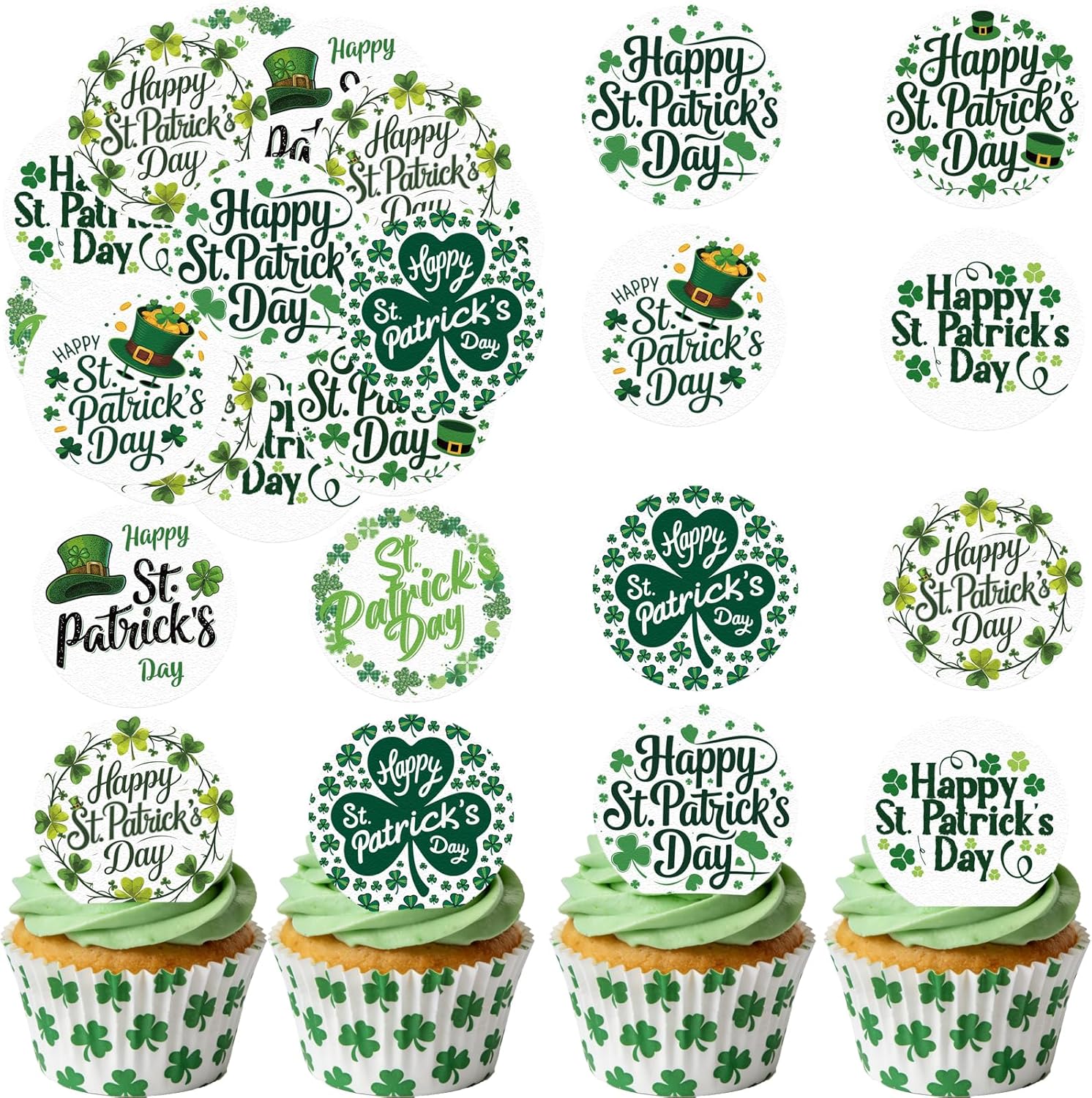 36PCS Edible Happy St Patrick’s Day Cupcake Toppers Wafer Paper Four Leaf Clover Cupcake Picks for Happy St Patrick’s Day Irish Theme Baby Shower Birthday Party Cake Supplies