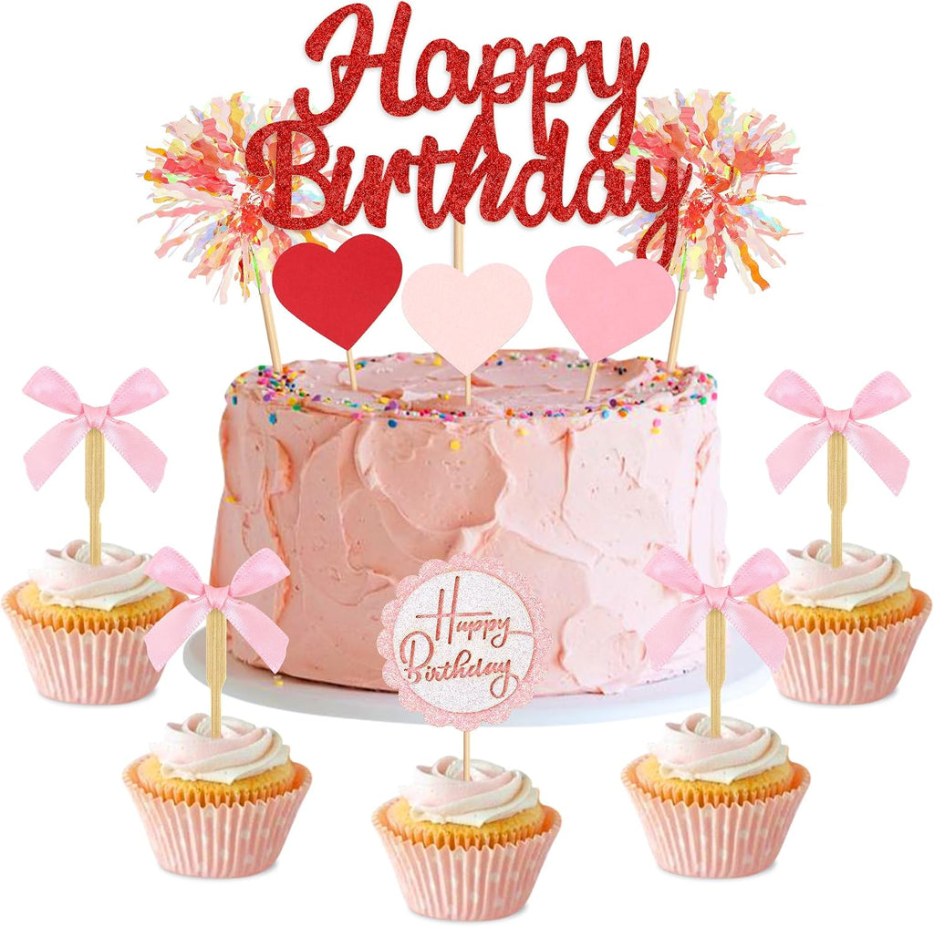 Ercadio 34PCS Glitter Red Happy Birthday Cake Topper Pink Bows Red Heart Fireworks Cupcake Picks for Girls 16th Birthday Baby Shower Velentine's Birthday Party Cake Decoration Supplies