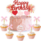 Ercadio 34PCS Glitter Red Happy Birthday Cake Topper Pink Bows Red Heart Fireworks Cupcake Picks for Girls 16th Birthday Baby Shower Velentine's Birthday Party Cake Decoration Supplies