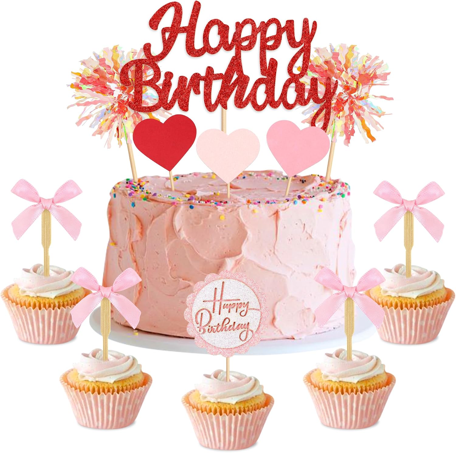 Ercadio 34PCS Glitter Red Happy Birthday Cake Topper Pink Bows Red Heart Fireworks Cupcake Picks for Girls 16th Birthday Baby Shower Velentine's Birthday Party Cake Decoration Supplies