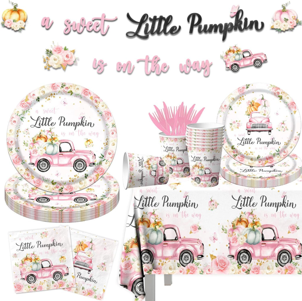 Little Pumpkin Baby Shower Party Decorations Tableware,142Pcs A Sweet Little Pumpkin is On The Way Girl Pink Floral Truck Disposable Tablecloth,Plates,Napkins for Autumn Fall Thanksgiving Supplies