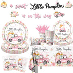 Little Pumpkin Baby Shower Party Decorations Tableware,142Pcs A Sweet Little Pumpkin is On The Way Girl Pink Floral Truck Disposable Tablecloth,Plates,Napkins for Autumn Fall Thanksgiving Supplies