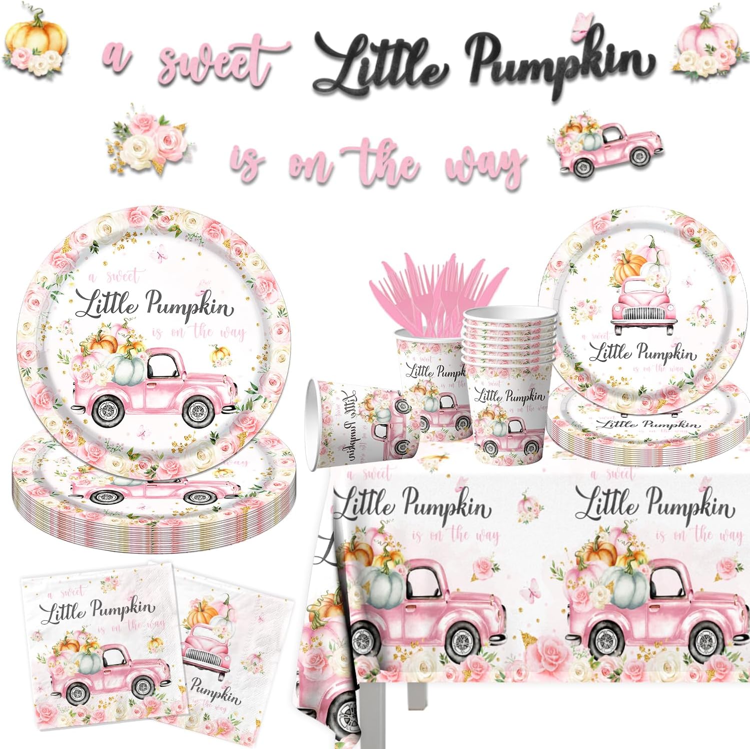 Little Pumpkin Baby Shower Party Decorations Tableware,142Pcs A Sweet Little Pumpkin is On The Way Girl Pink Floral Truck Disposable Tablecloth,Plates,Napkins for Autumn Fall Thanksgiving Supplies