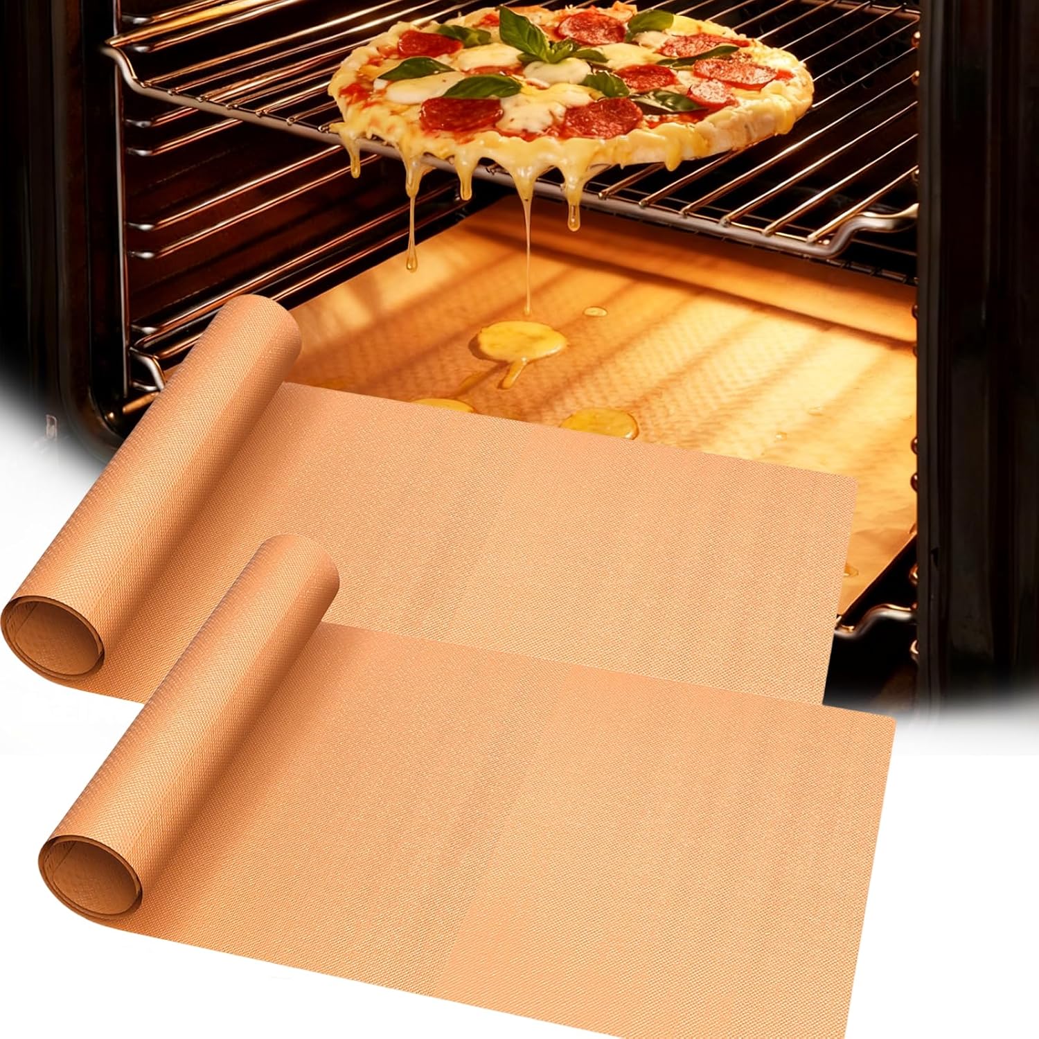 UBeesize 2 Pack XL Thickened Copper Oven Liners for Bottom of Oven, Reusable 17x25 Inch Heavy Duty Non Stick Teflon Oven Mats BPA & PFOA Free, Fit Electric Gas Toaster Convection Ovens Grills