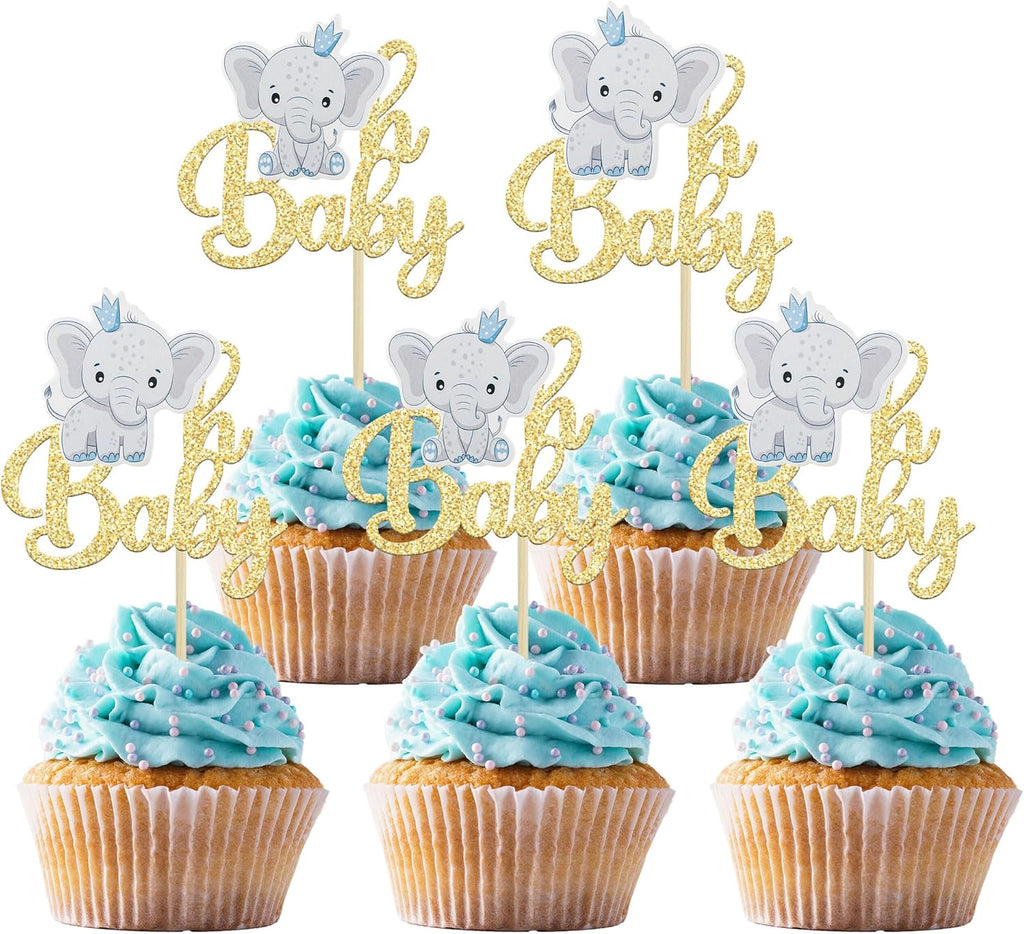 Gyufise 24Pcs Blue Elephant Oh Baby Cupcake Toppers Gold Glitter It's a Boy Cupcake Picks Gender Reveal Cake Decorations for Elephant Theme Baby Shower Kids Boys Birthday Party Cake Decorations