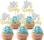Gyufise 24Pcs Blue Elephant Oh Baby Cupcake Toppers Gold Glitter It's a Boy Cupcake Picks Gender Reveal Cake Decorations for Elephant Theme Baby Shower Kids Boys Birthday Party Cake Decorations