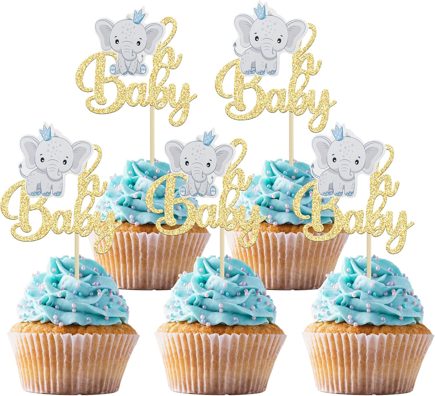 Gyufise 24Pcs Blue Elephant Oh Baby Cupcake Toppers Gold Glitter It's a Boy Cupcake Picks Gender Reveal Cake Decorations for Elephant Theme Baby Shower Kids Boys Birthday Party Cake Decorations