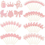 48 Pieces Baby Shower Cupcake Toppers for Girls Glitter Pink Baby Girl Food Picks Baby Shower Toothpicks for Girls Birthday Cake Decorations Party Favors Supplies