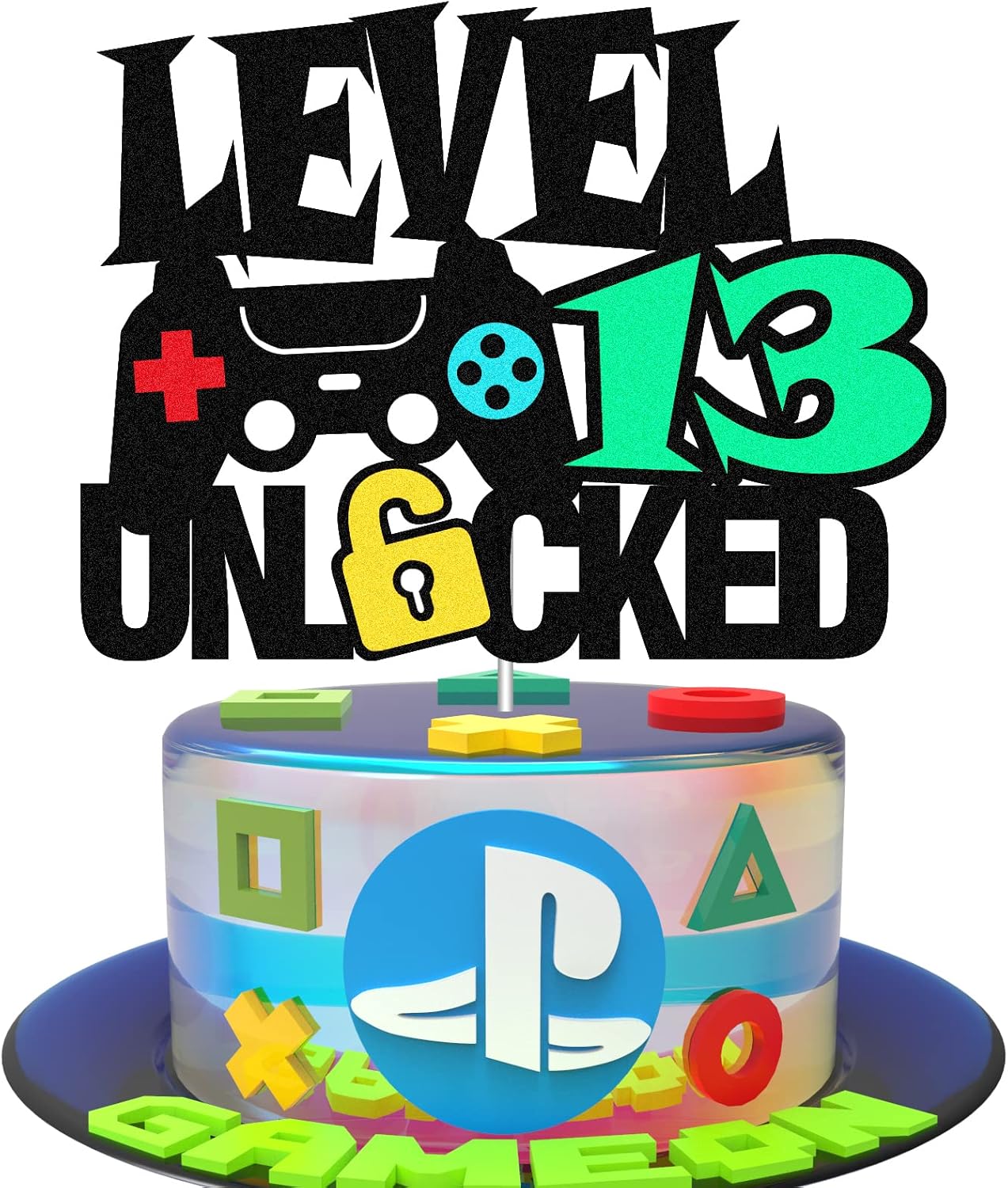 Level 13 Unlocked Sign Cake Topper - Happy 13th Birthday Level Up Thirteenth Cake Decorations for Video Game Controller Themed Kids Boy Girl Bday Party Supplies Double Sided
