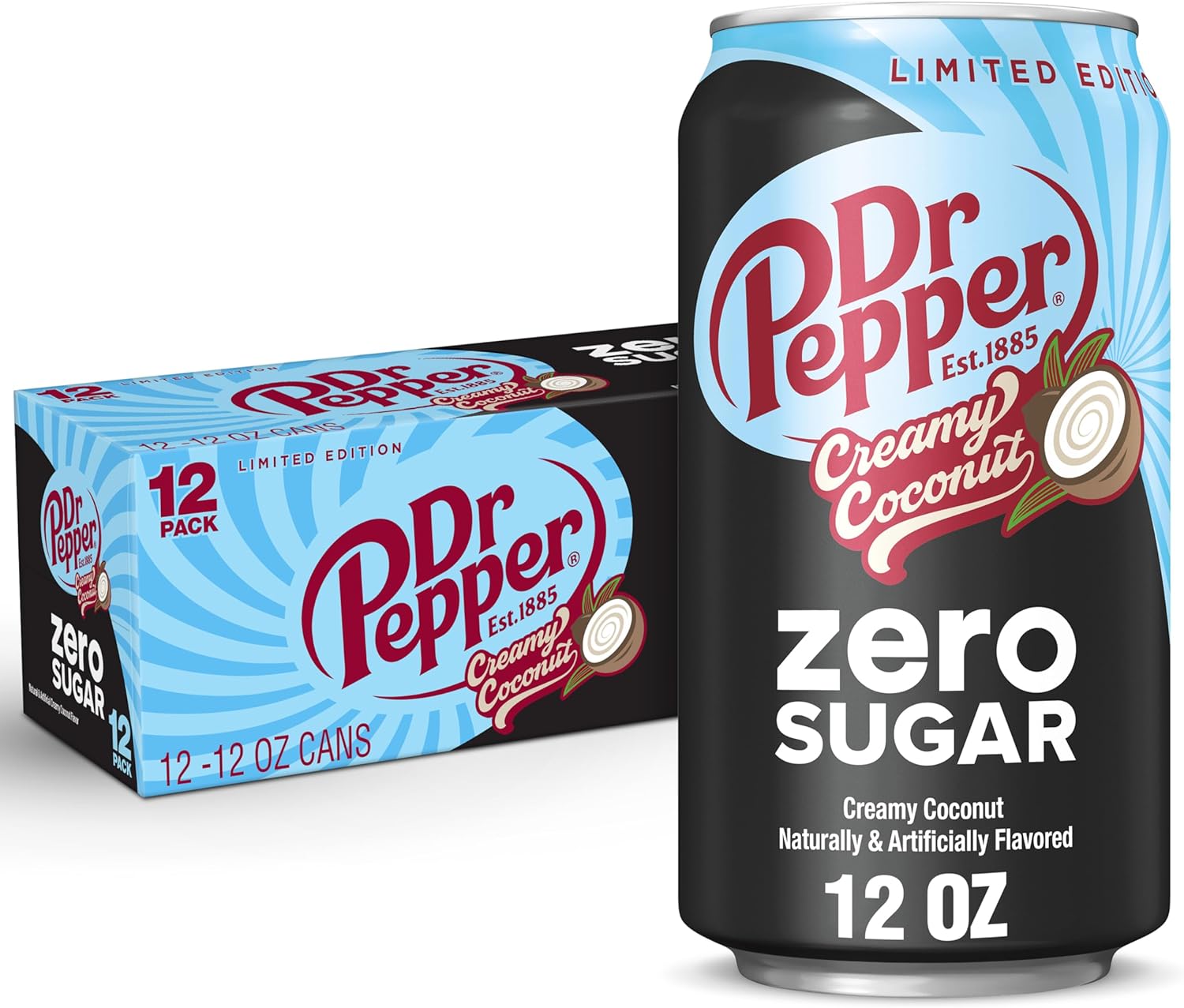 Dr Pepper Zero Sugar Creamy Coconut Soda, 12 fl oz cans, 12 Pack