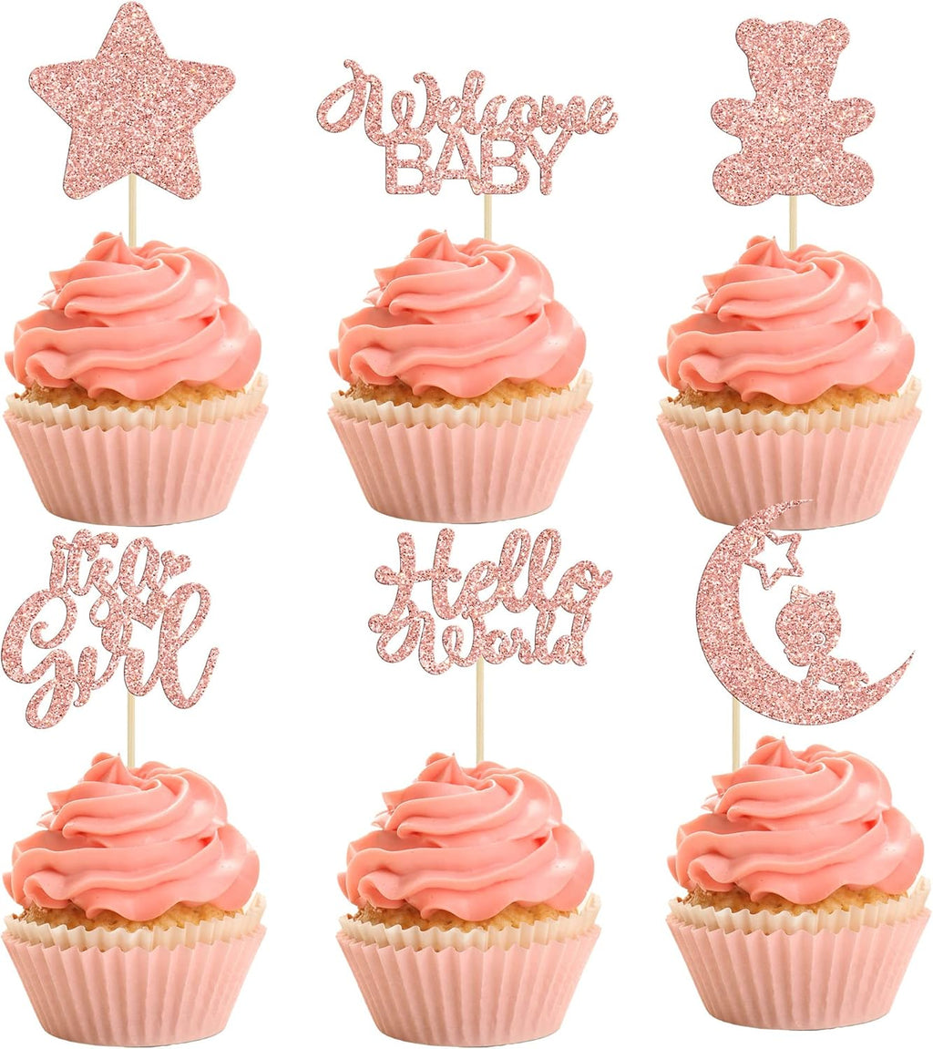Gyufise 24Pcs Baby Shower Girl Cupcake Toppers Moon Rose Gold Glitter Bear Star It's a Girl Hello World Gender Reveal Cupcake Picks Baby Shower Kids Girls Birthday Party Cake Decorations Supplies