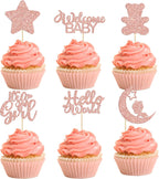 Gyufise 24Pcs Baby Shower Girl Cupcake Toppers Moon Rose Gold Glitter Bear Star It's a Girl Hello World Gender Reveal Cupcake Picks Baby Shower Kids Girls Birthday Party Cake Decorations Supplies