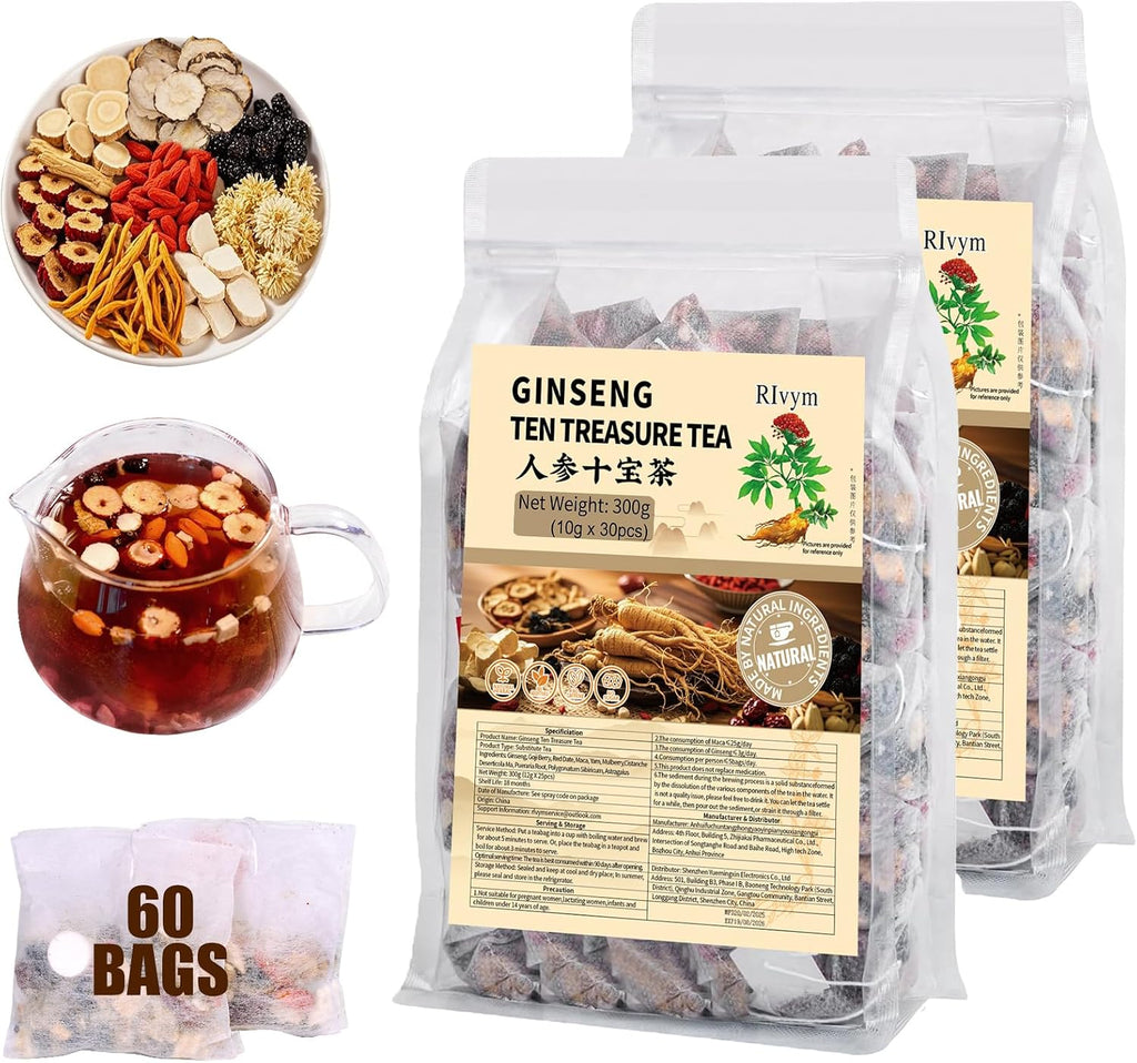 60Pcs Ginseng Ten Treasures Tea, Chinese Traditional Kidney Care Herbal Tea, Natural Kidney Cleanse Detox Tea for Women & Men, 10 Precious Ingredients Formula(60Bags, 600g)
