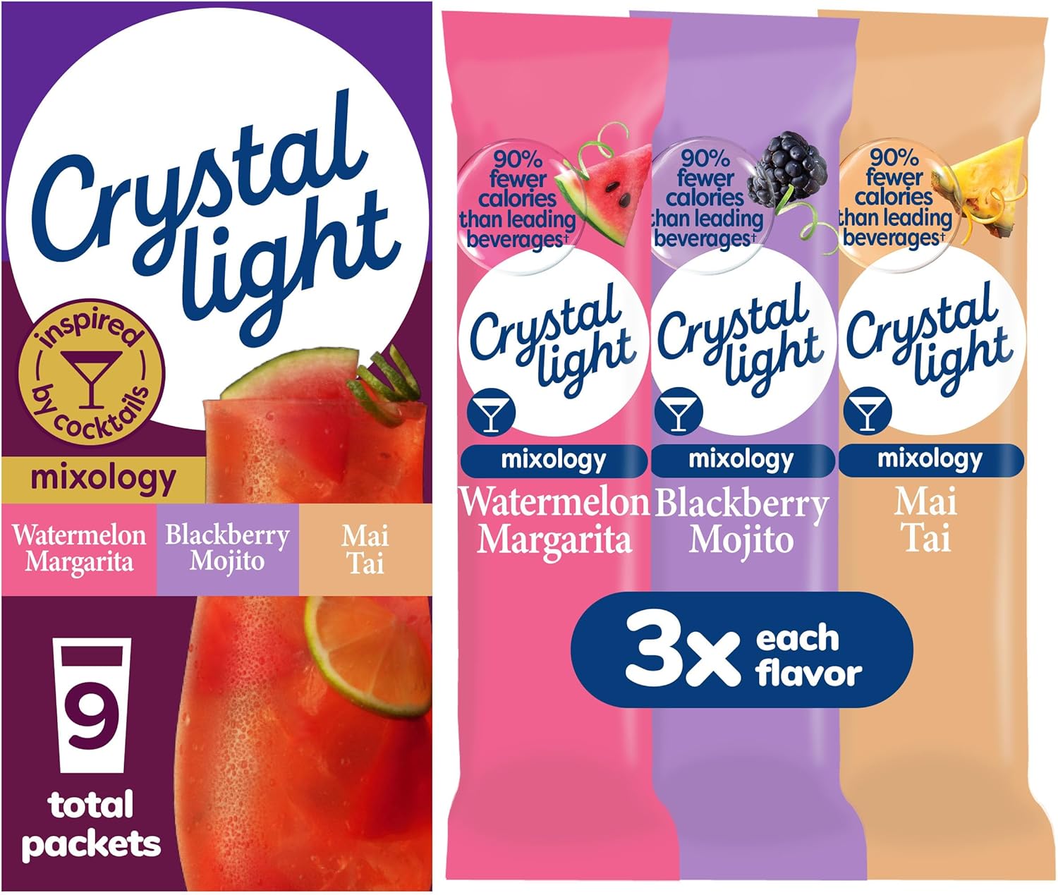 Crystal Light Mixology Drink Mix Variety Pack, 9 Packets, for Convenient On-the-Go Flavorful Hydration, Artificially Flavored Watermelon Margarita, Blackberry Mojito, Mai Tai, Zero Sugar, 1.17 oz