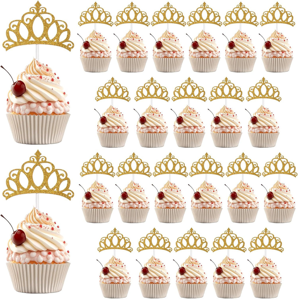 24 Pcs Crown Cupcake Toppers Gold Princess Cupcake Toppers Glitter Queen Crown Cupcakes Picks for Queen Princess Theme Baby Shower Girls Wedding Birthday Party Cake Decorations Supplies