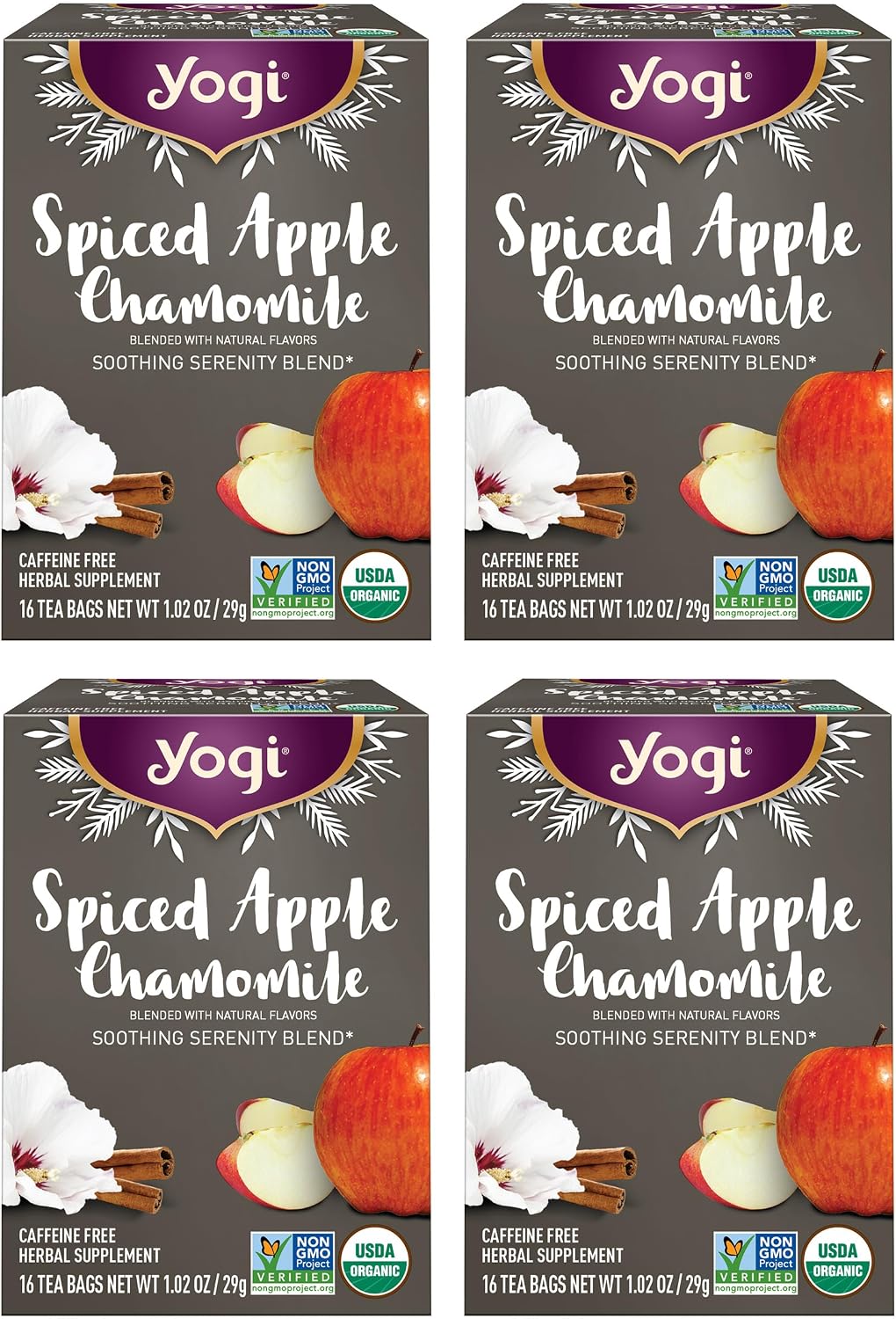 Yogi Tea Spiced Apple Chamomile - Organic Chamomile Tea - Relaxation Blend - Caffeine-Free - Includes Cinnamon, Ginger, Licorice & More - 16 Tea Bags Per Pack (4 Packs)