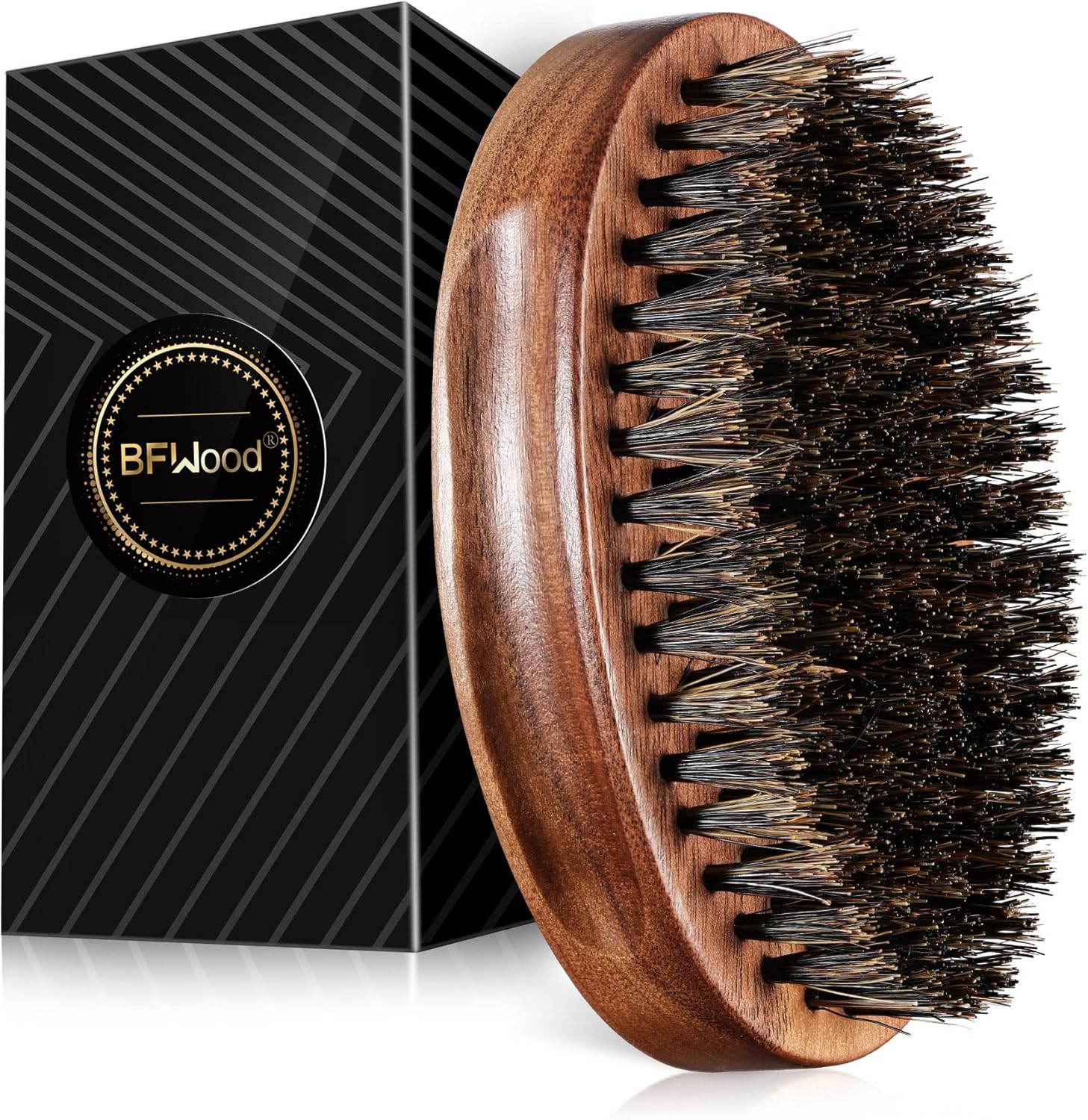 BFWood Boar Bristle Beard Brush - Black Wood Walnut Military Style, Men's Wooden Mustache Brush