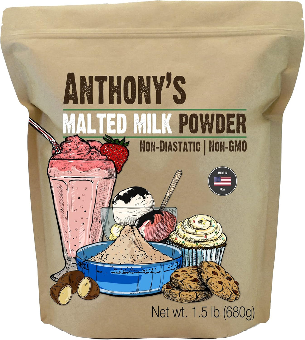 Anthony's Malted Milk Powder 1.5lb, For Ice Cream, Milk Shakes, and Baking, Non GMO, Made in USA