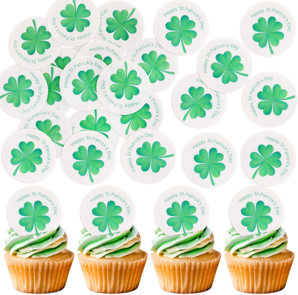40Pcs Edible Circle Shamrocks Cupcake Toppers Edible Lucky Shamrock Green Four Leaf Cupcake Picks For Happy St. Patrick's Day Baby Shower Birthday Party Wedding Anniversary Cake Decoration