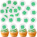 40Pcs Edible Circle Shamrocks Cupcake Toppers Edible Lucky Shamrock Green Four Leaf Cupcake Picks For Happy St. Patrick's Day Baby Shower Birthday Party Wedding Anniversary Cake Decoration