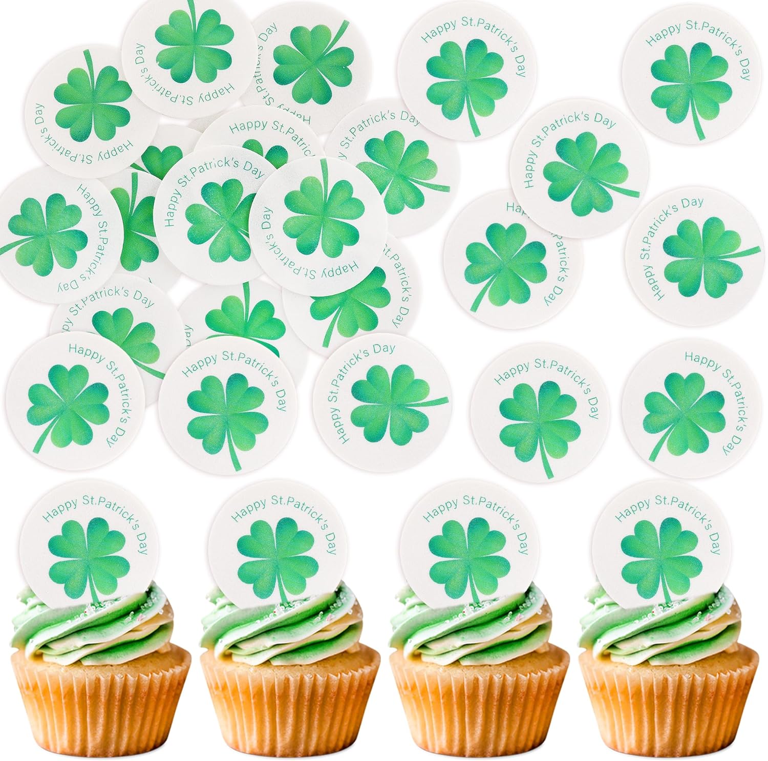 40Pcs Edible Circle Shamrocks Cupcake Toppers Edible Lucky Shamrock Green Four Leaf Cupcake Picks For Happy St. Patrick's Day Baby Shower Birthday Party Wedding Anniversary Cake Decoration
