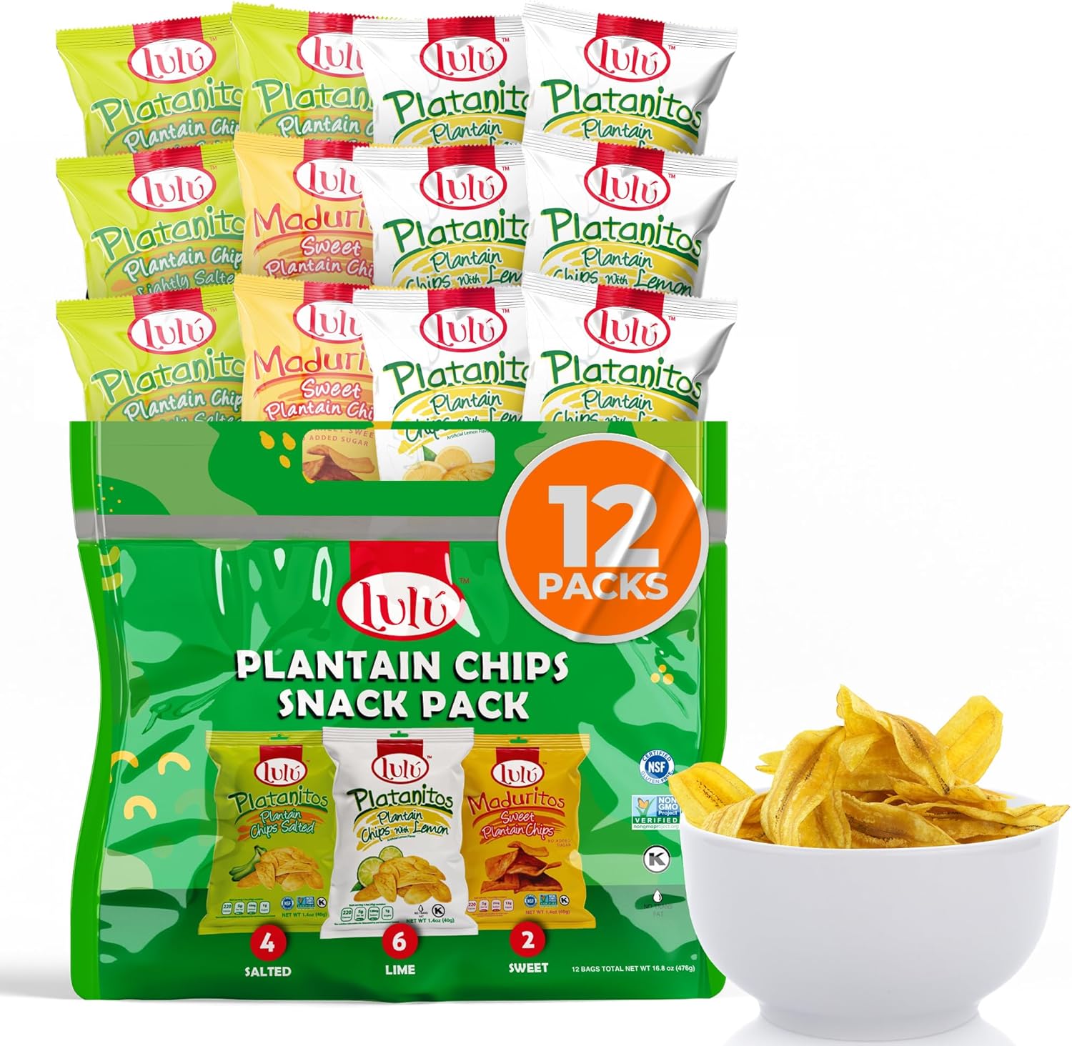 LULU Plantain Chips Variety Pack – 12 Individual Bags – 6 Lemon, 4 Lightly Salted, 2 Sweet Flavors – Crunchy, No Preservatives or Artificial Colors – Sustainably Sourced Vegetable Snacks