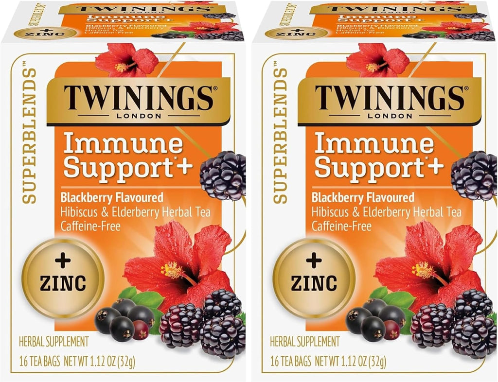 Twinings Superblends Immune Support+ Zinc Blackberry Flavoured Hibiscus & Elderberry Herbal, Naturally Caffeine-Free, 16 Count (Pack of 2), Enjoy Hot or Iced, 16 Teabags