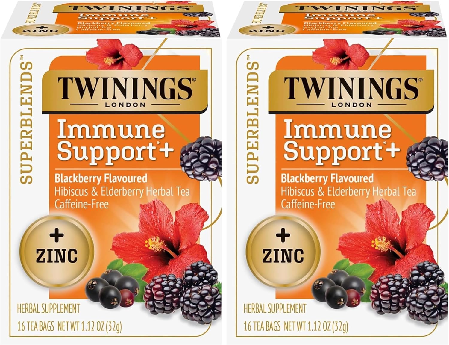 Twinings Superblends Immune Support+ Zinc Blackberry Flavoured Hibiscus & Elderberry Herbal, Naturally Caffeine-Free, 16 Count (Pack of 2), Enjoy Hot or Iced, 16 Teabags