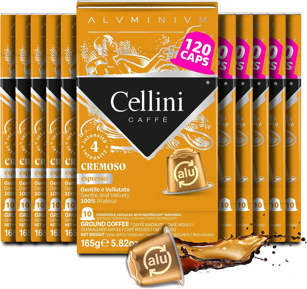 Cellini Caffè Cremoso Aluminum Nespresso Pods, 120 Count, Medium Roast Coffee Capsules, 100% Nespresso Original Machine Compatible