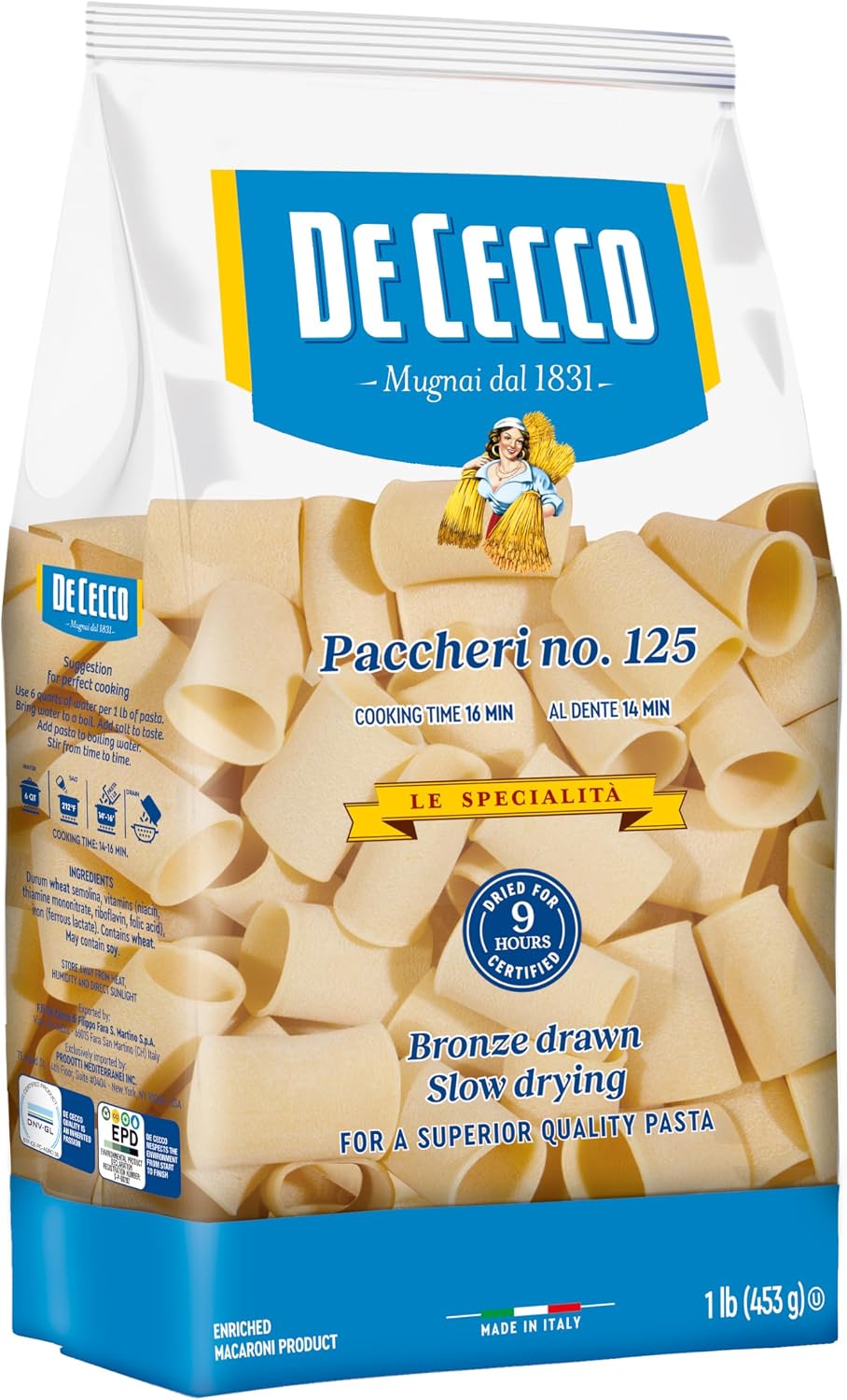De Cecco Semolina Pasta, Paccheri No.125, 1 Pound (Pack of 12)