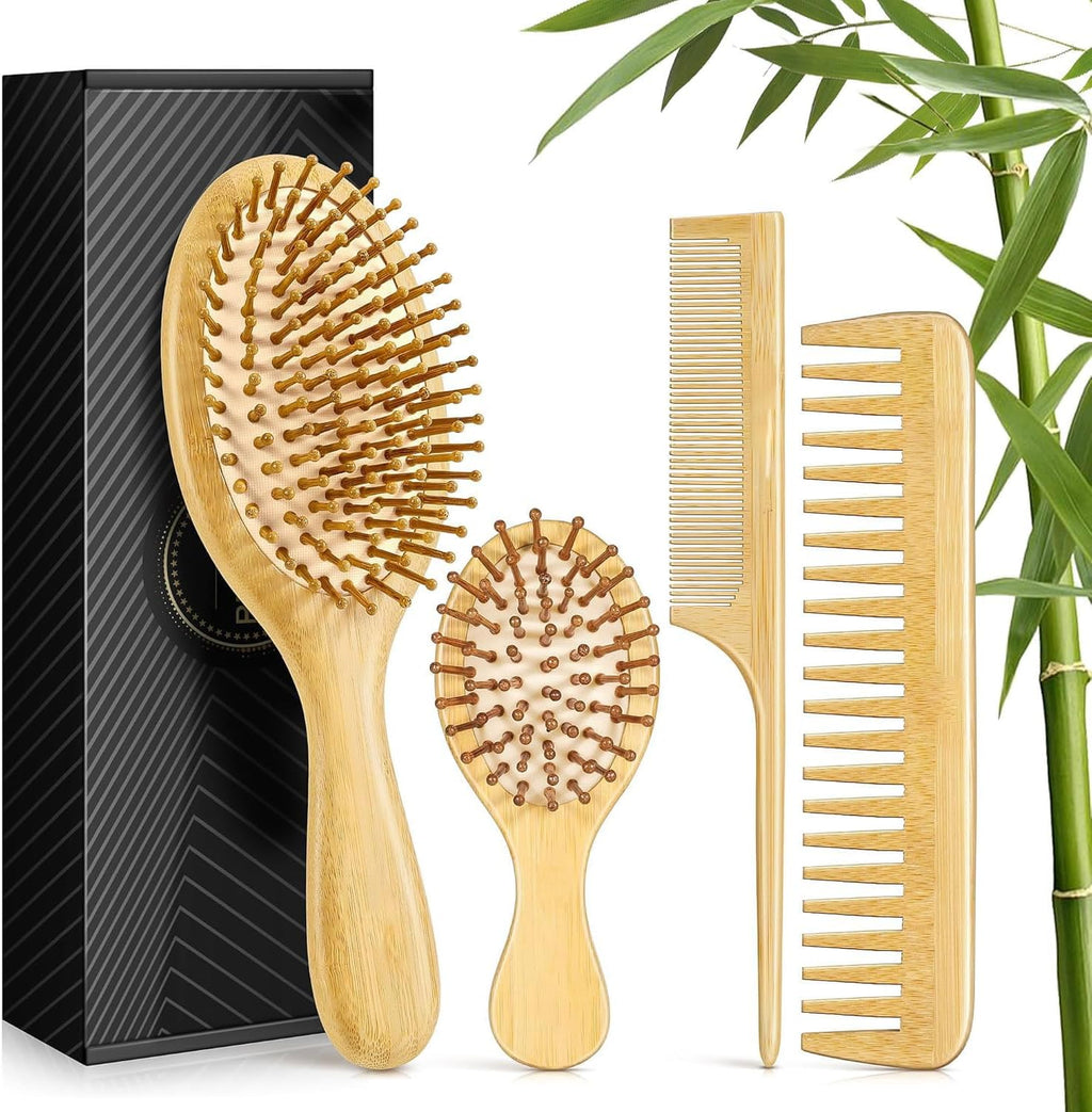 Bamboo Hair Brush Set, 4 PCS Natural Wooden Combs Paddle Detangling Hairbrush, Wide-tooth and Tail Comb and Mini Paddle Brush for Traveling, Suit for Women & Men