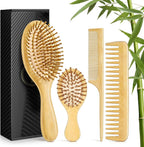 Bamboo Hair Brush Set, 4 PCS Natural Wooden Combs Paddle Detangling Hairbrush, Wide-tooth and Tail Comb and Mini Paddle Brush for Traveling, Suit for Women & Men