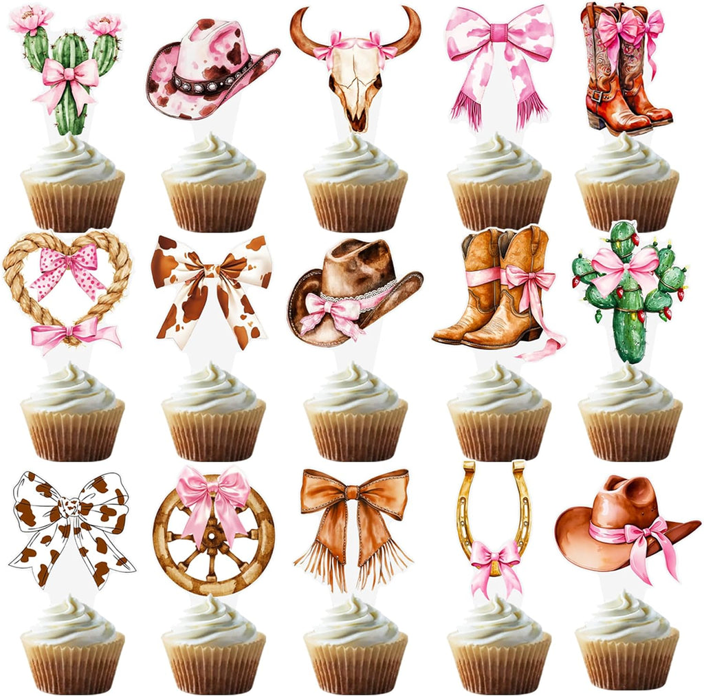 Western Cowgirl Bow Cupcake Toppers 48Pcs Brown Pink Cowgirls Birthday Decorations Disco Bowknot Cactus Cupcake Picks Coquette Cake Decor for Girls Women Baby Shower Bachelorette Party Supplies
