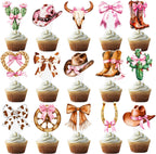 Western Cowgirl Bow Cupcake Toppers 48Pcs Brown Pink Cowgirls Birthday Decorations Disco Bowknot Cactus Cupcake Picks Coquette Cake Decor for Girls Women Baby Shower Bachelorette Party Supplies