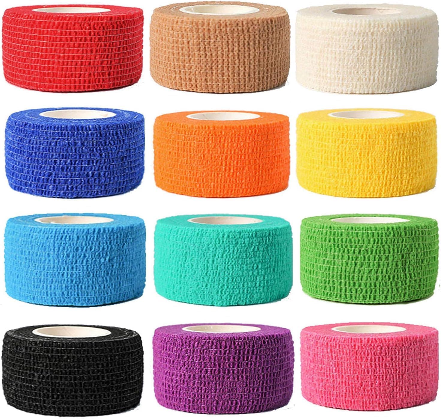 12Pack 1” x 5 Yards Self Adhesive Bandage Wrap, Elastic Self Breathable Self Adherent Wrap for Pets, Athletic Cohesive Bandage for First Aid, Sports Injury & Protection, 12Color