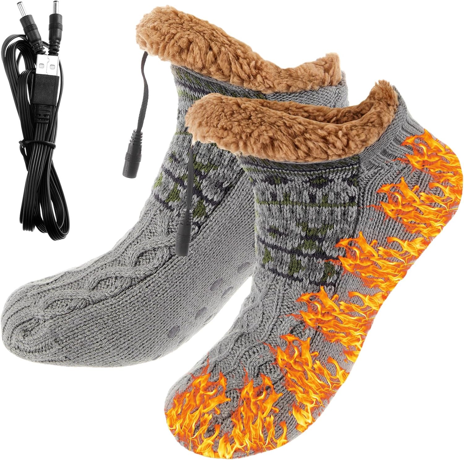 Electric Heated Fleece Socks for Men Women, Winter USB Heating Socks Foot Heater Anti-Slip Thermal Indoor Footwear Foot Warmer Fit for Women's 7.5-10.5 Men's 6-9