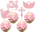 Gyufise 24Pcs God Bless Mi Bautizo Cupcake Toppers Glitter Dove Cross Baptism Cupcake Picks for Religious God Bless Baptism Theme Baby Shower Kids Birthday Party Decorations Supplies Pink