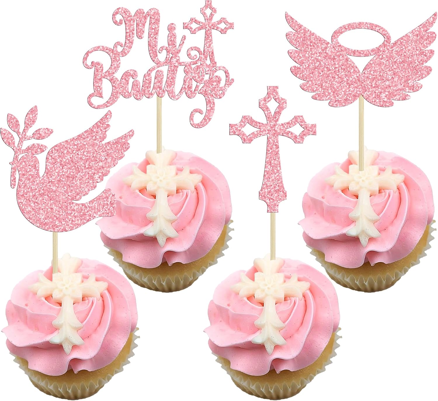 Gyufise 24Pcs God Bless Mi Bautizo Cupcake Toppers Glitter Dove Cross Baptism Cupcake Picks for Religious God Bless Baptism Theme Baby Shower Kids Birthday Party Decorations Supplies Pink