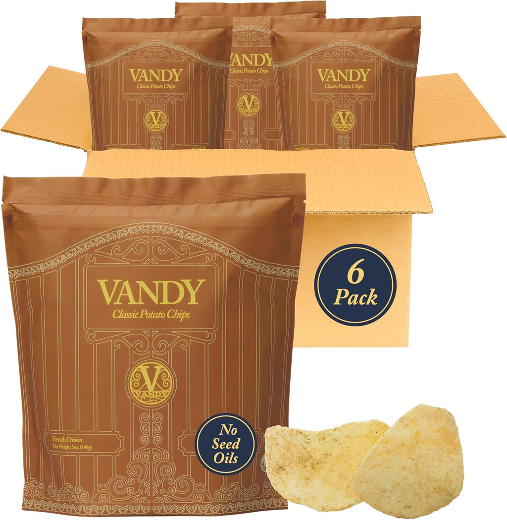 Vandy Crisps Potato Chips - Seed Oil Free Snacks - Gluten Free Potato Chip - Made with Potatoes, Grass-Fed Beef Tallow, Sea Salt, & French Onion Blend - 6 Pack, 5 Ounce Each (French Onion)