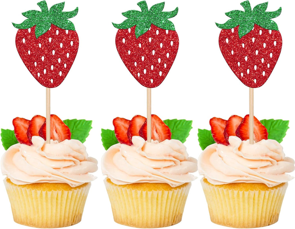 Rsstarxi 24 Pack Strawberry Cupcake Toppers Glitter Summer Sweet Fruit Berry Strawberry Cupcake Picks Decoration for Strawberry Theme Baby Shower Birthday Party Cake Decorations, Design 3