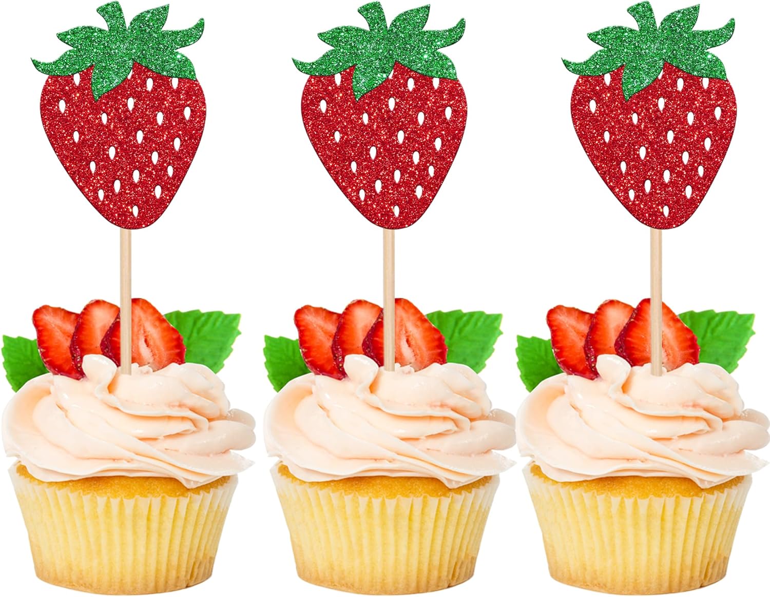 Rsstarxi 24 Pack Strawberry Cupcake Toppers Glitter Summer Sweet Fruit Berry Strawberry Cupcake Picks Decoration for Strawberry Theme Baby Shower Birthday Party Cake Decorations, Design 3
