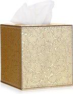 Sumnacon Square Leather Tissue Box Cover - Stylish Cube Tissue Box Holder with Magnetic Bottom, Decorative PU Tissue Box for Vanity Dresser Night Stand Table Countertop Home Office Car, Gold