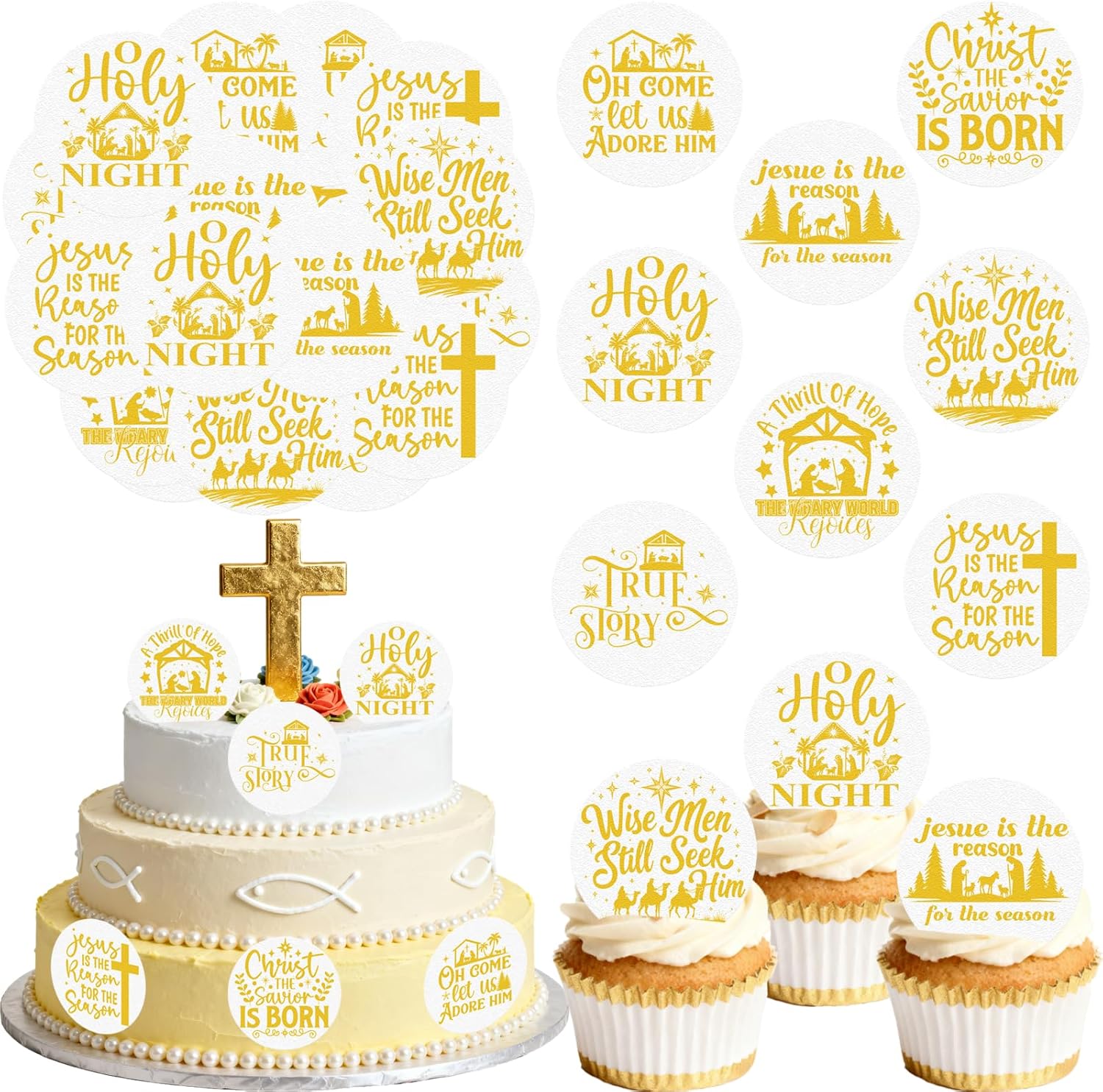 36PCS Edible Christmas Religious Nativity Cupcake Toppers Wafer Paper Happy Birthday Jesus Cupcake Picks Holy Nativity Toppers for Christmas Jesus Theme Party Decor Supplies (Pattern 3)