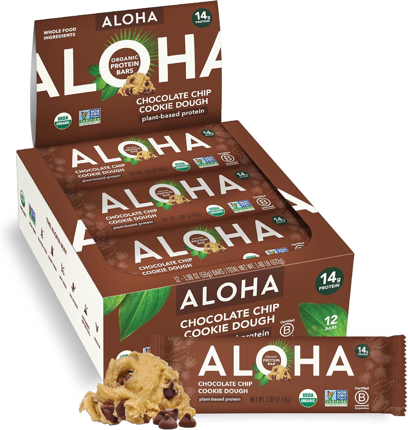 Aloha Organic Plant Based Protein Bars Chocolate Chip Cookie Dough, 1.98 Oz,(Pack of 12)