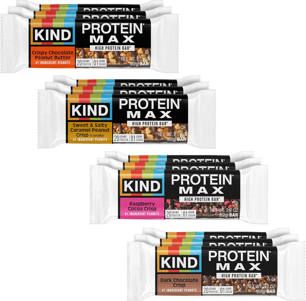 KIND Protein MAX Bars Variety Pack, Gluten Free, Low Sugar, High Fiber Snacks, Crispy Chocolate Peanut Butter, Sweet & Salty Caramel Peanut, Raspberry Cocoa, Dark Chocolate, 20g Protein, 12 Count